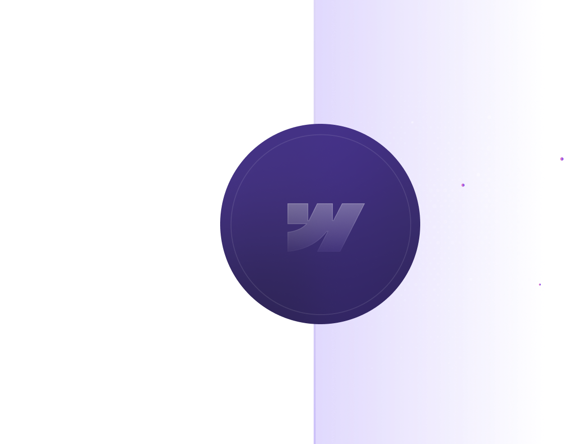 Abstract design with three vertical white bars on the left and a purple circle with a stylized W logo overlapping a gradient dotted purple rectangle on the right.