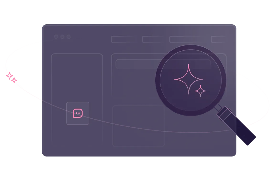 Illustration of a dark web browser window with a chat icon and a magnifying glass highlighting sparkles inside the window.