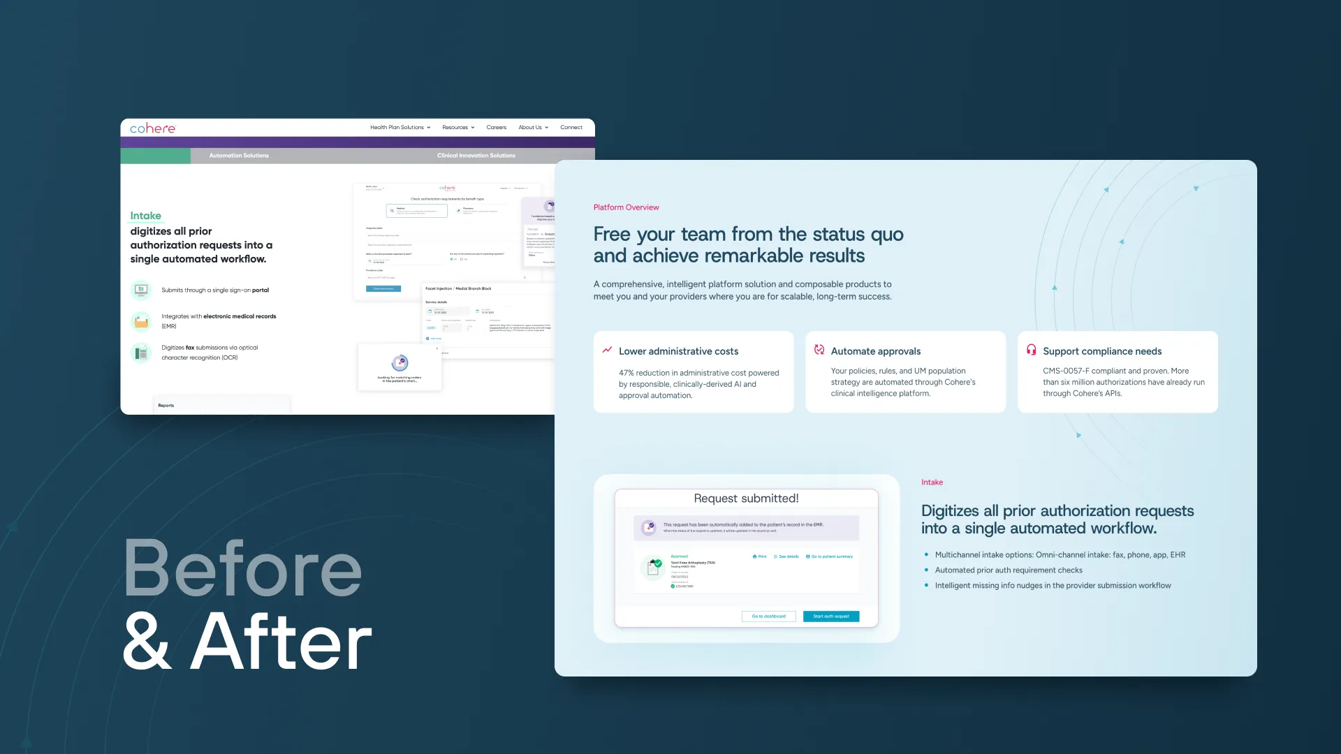 Comparison of Fringe website before and after redesign, showing improved user interface with a darker theme and a focus on human-centered employee experience.