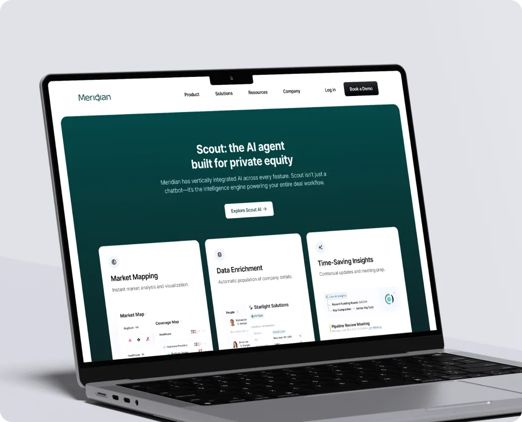 Laptop displaying Meridian's website featuring Scout AI agent for private equity with sections on Market Mapping, Data Enrichment, and Time-Saving Insights.