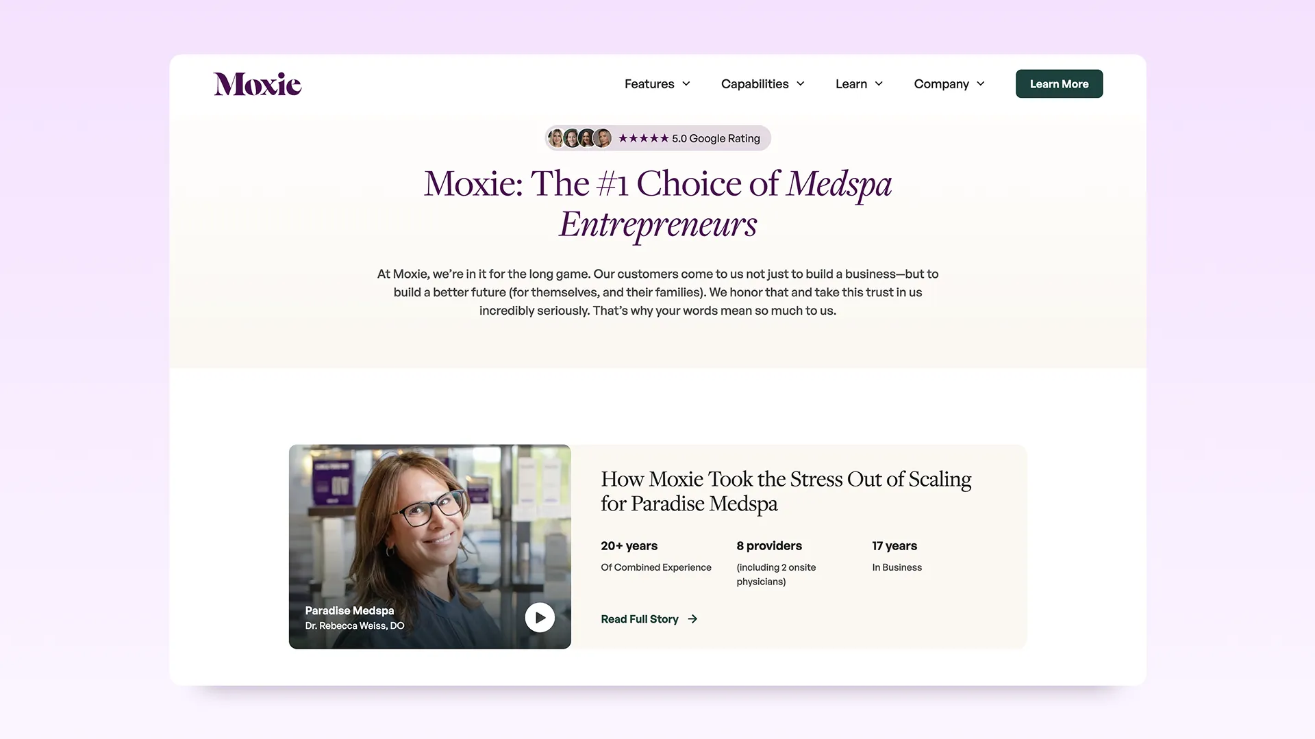 Webpage section showing statistics on engagement, utilization, loyalty, and cost savings, customer stories with images, FAQ accordion, and a highlighted area promoting a tool built for busy HR teams with a photo of two smiling colleagues using a laptop.