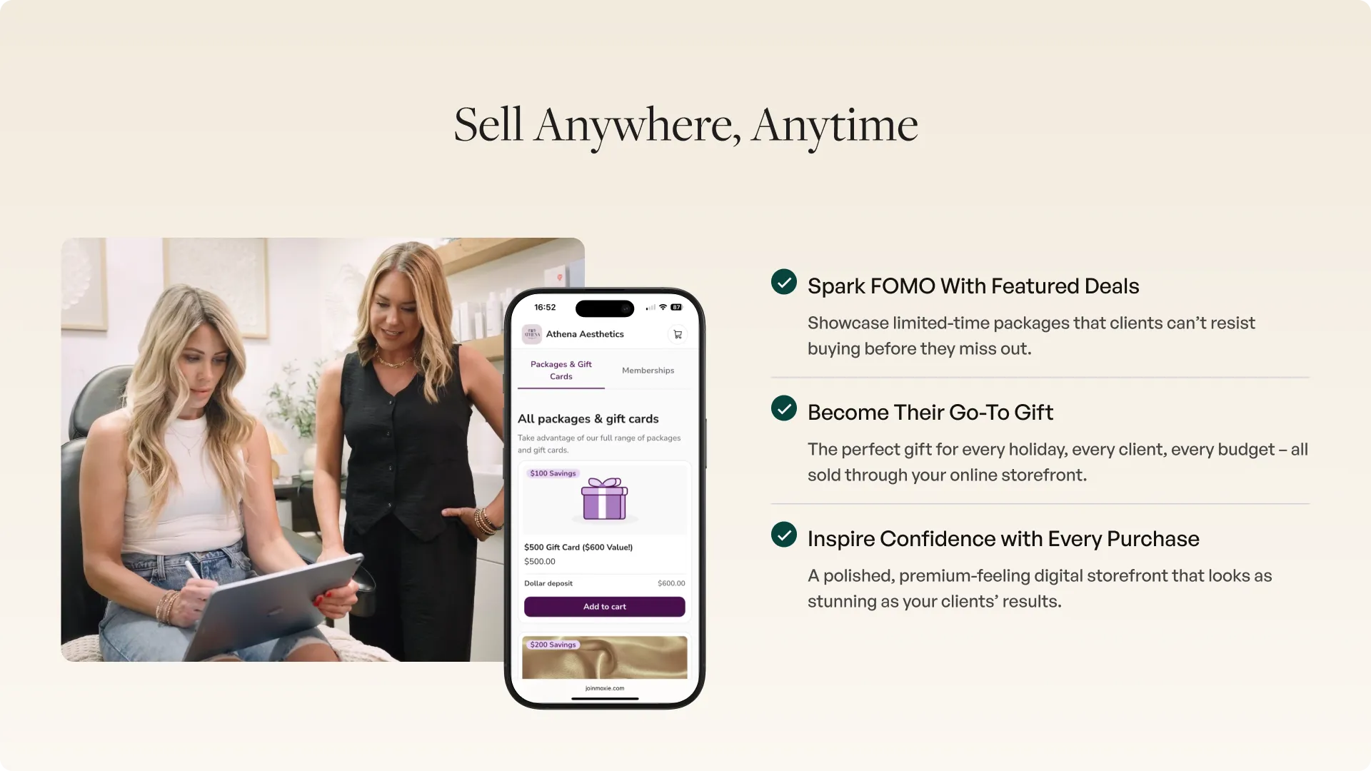 Webpage section showing statistics on engagement, utilization, loyalty, and cost savings, customer stories with images, FAQ accordion, and a highlighted area promoting a tool built for busy HR teams with a photo of two smiling colleagues using a laptop.