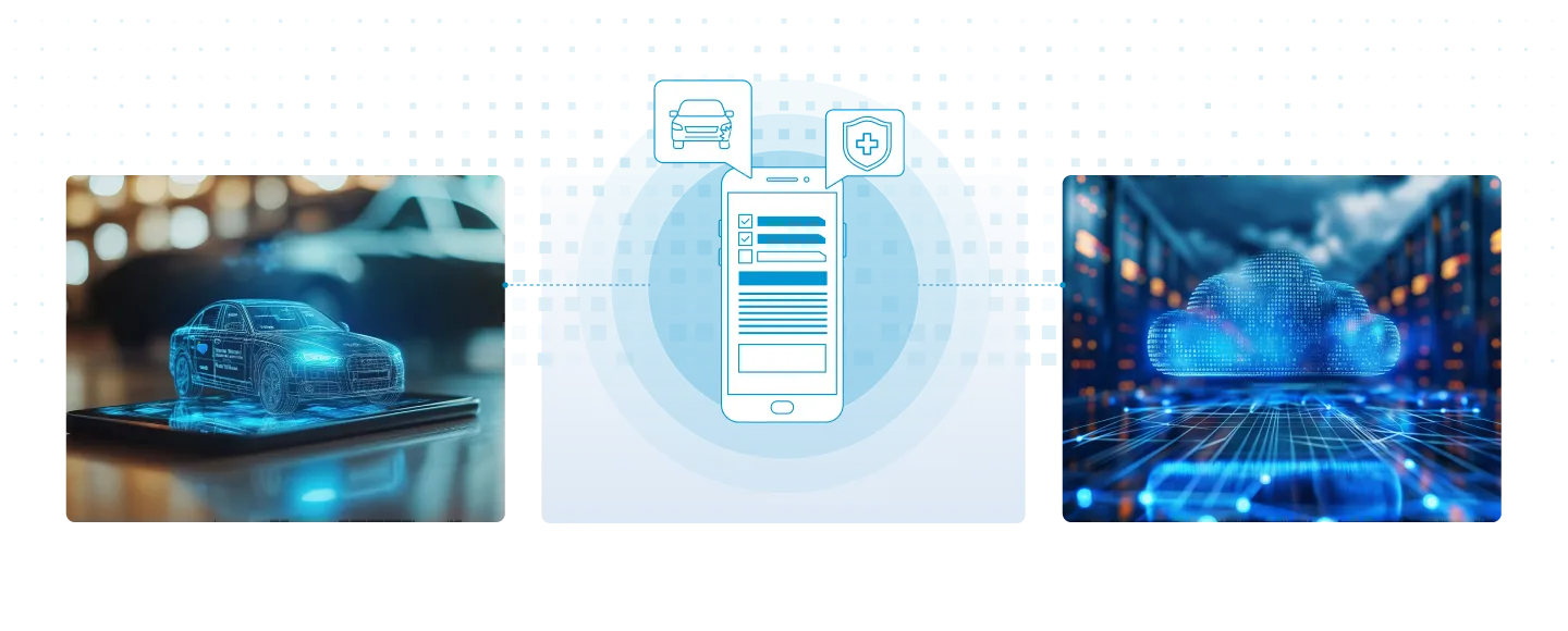 Composite image showing a holographic car projection on a smartphone on the left, a smartphone with insurance and car icons in the center, and a digital cloud in a data server room on the right.
