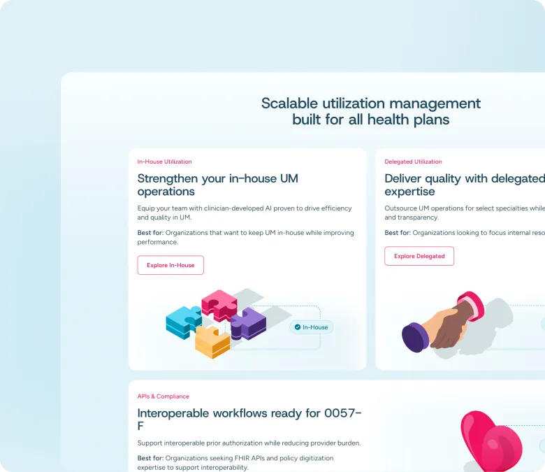 Website section titled 'Scalable utilization management built for all health plans' with three service offerings: in-house utilization featuring colorful puzzle pieces, delegated utilization showing a handshake, and APIs & compliance with interoperable workflows.