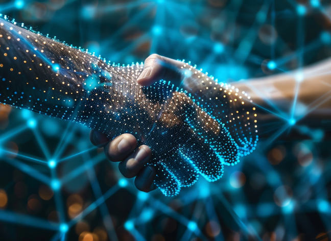 Close-up of a digital handshake representing technology-driven partnerships and trust in IT collaboration