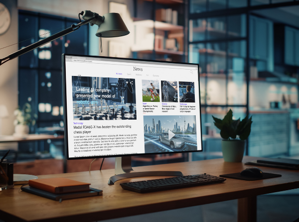 Shot of a Desktop Computer with Latest News Web Page Showing On Screen Standing on the Wooden Desk in the Creative Cozy Living Room. In the Background Warm Evening Lighting and Open Space Studio