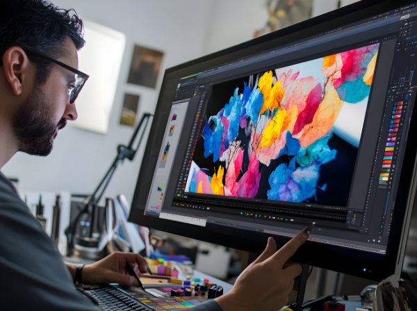 A photo of a graphic designer working on a colorful project on a large monitor
