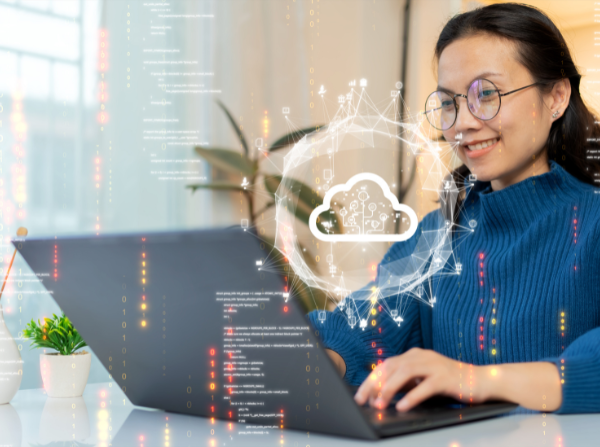 Woman uploading and transferring data from computer to cloud computing. Digital technology concept, data sheet management with large database capacity and high security