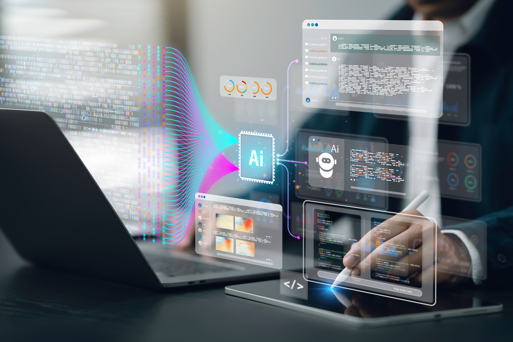 Data analysis science and big data with AI technology to help and support work for chat AI, generate code, and analysis of information on complex data sets on a computer. Insights development engineer