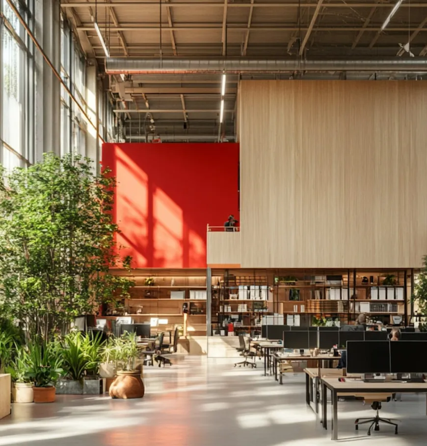 A modern, open-concept workspace filled with natural light and greenery, reflecting the clean and organized design of Nimbus Library.