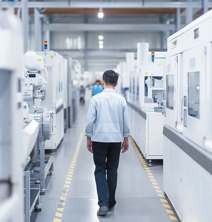 A high-tech manufacturing facility with a person walking through, representing the precision and reliability of Nimbus Library.