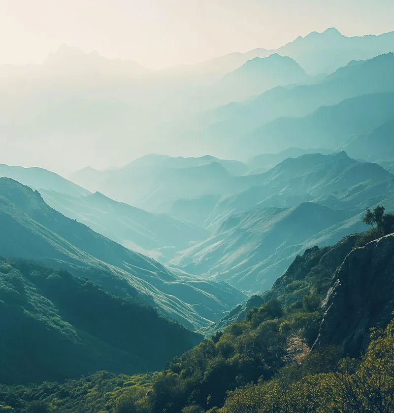 A serene mountain landscape with misty hills, symbolizing the clarity and flexibility of Nimbus Library designs.