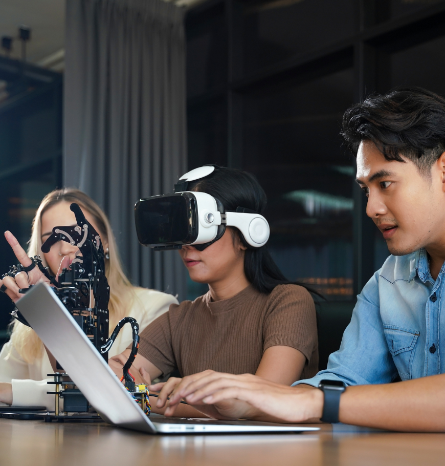 Group team work programer and engineer working AI robot arm system