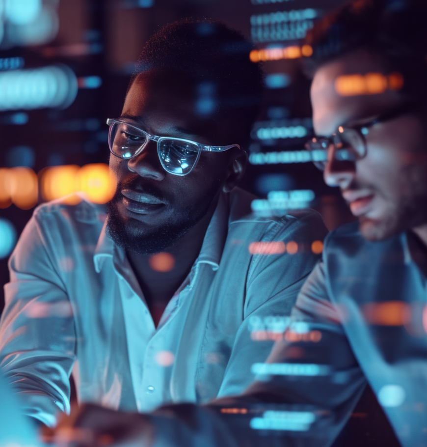two handsome man working in the office superimposed over multiple lines of computer code
