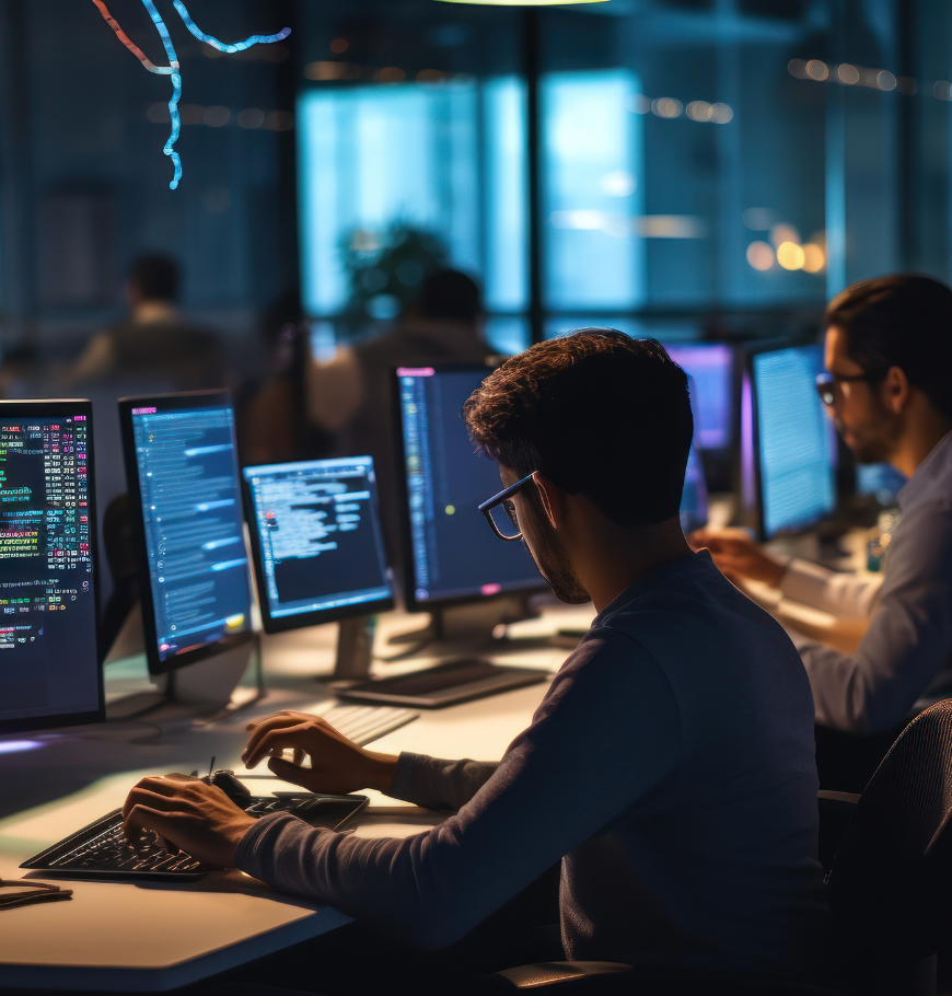 A scene showcasing a team of software developers coding, collaborating, and testing applications in a modern development environment