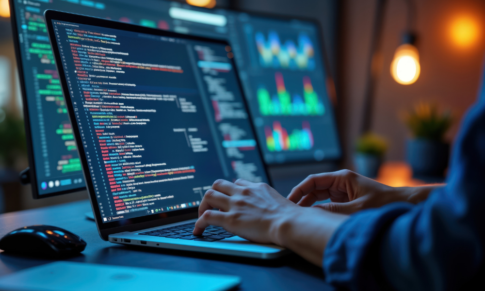 Person types on laptop with multiple screens showing code, data analysis charts. Person works on ai tech, complex data sets. Dedicated to data analysis, tech business solutions. Innovative developer