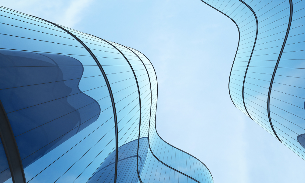 Low angle view of futuristic architecture, Skyscraper of an office building with curved glass windows, 3D rendering reflecting the full transparency of the service