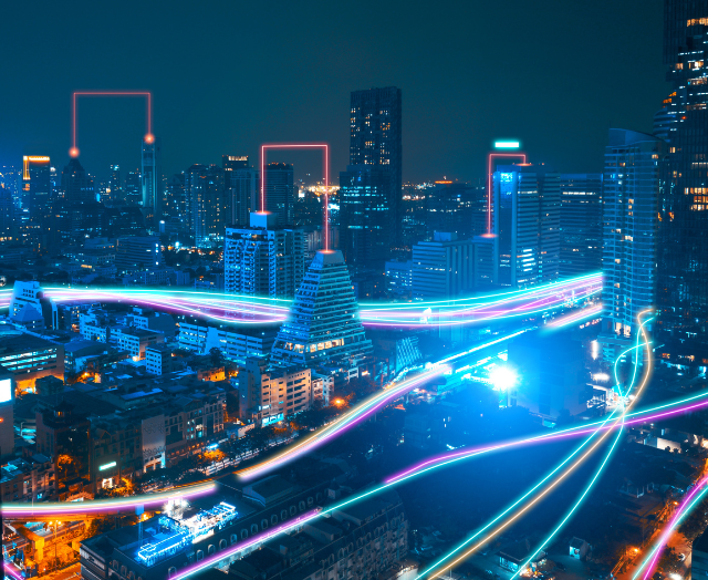 Smart city with speed line glowing light trail surround the city. big data connection technology concept