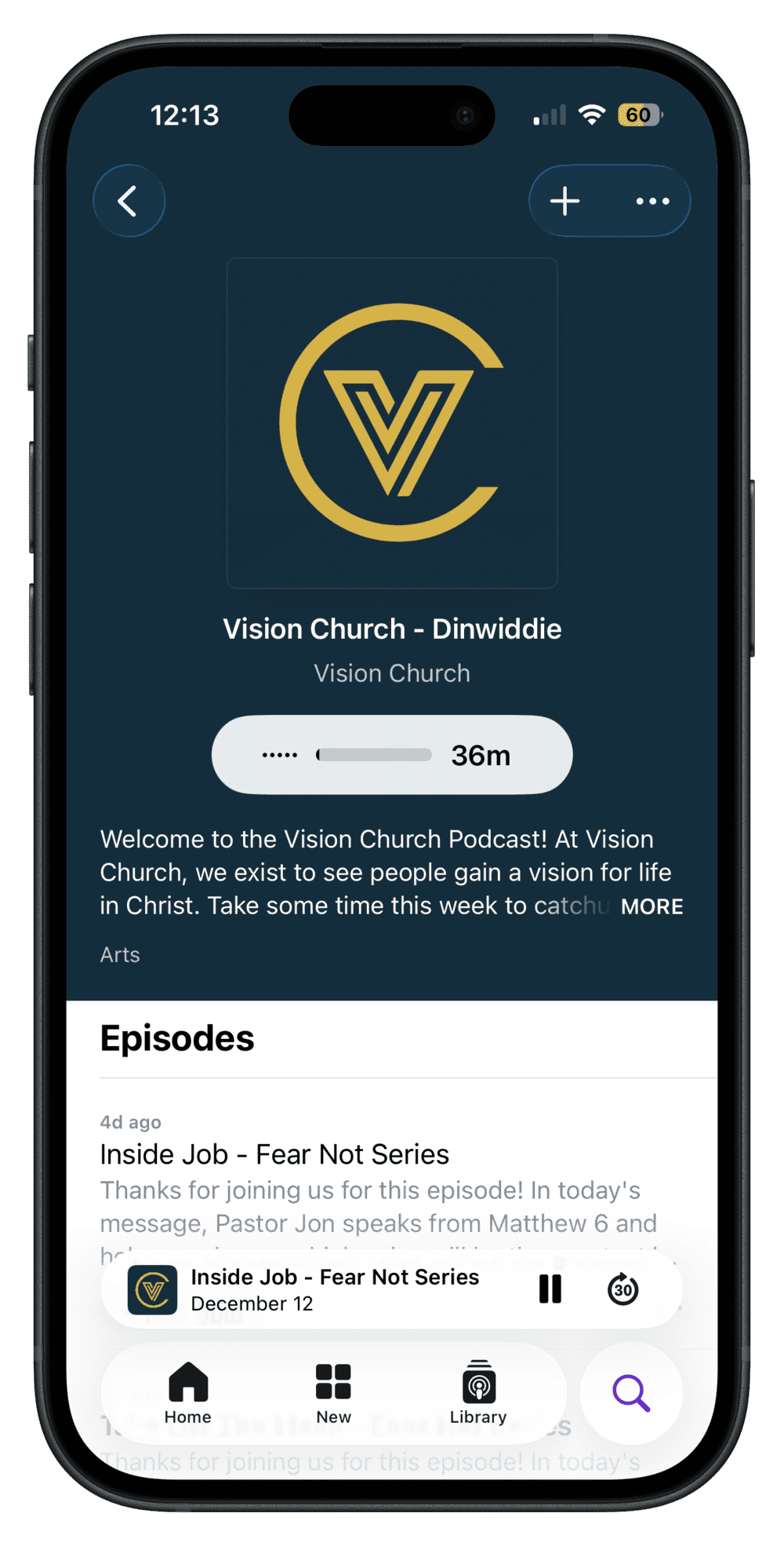 An iphone 15 screen showing Vision Church podcast on Apple Podcasts