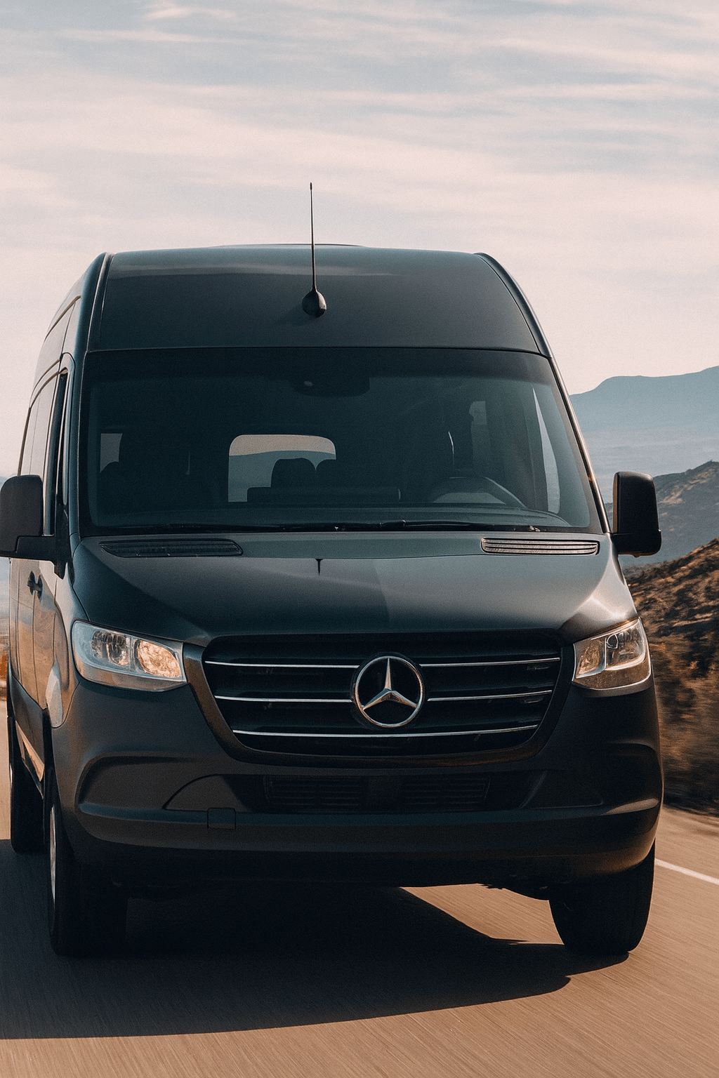 Front view of a black Mercedes-Benz van driving on a road with mountains in the background.