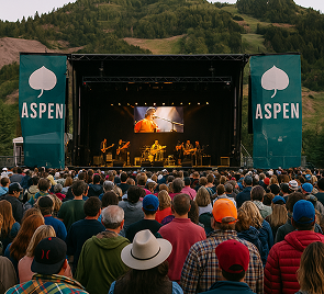 Crowd watching a live outdoor concert on a stage with Aspen banners, set against a mountainous background.