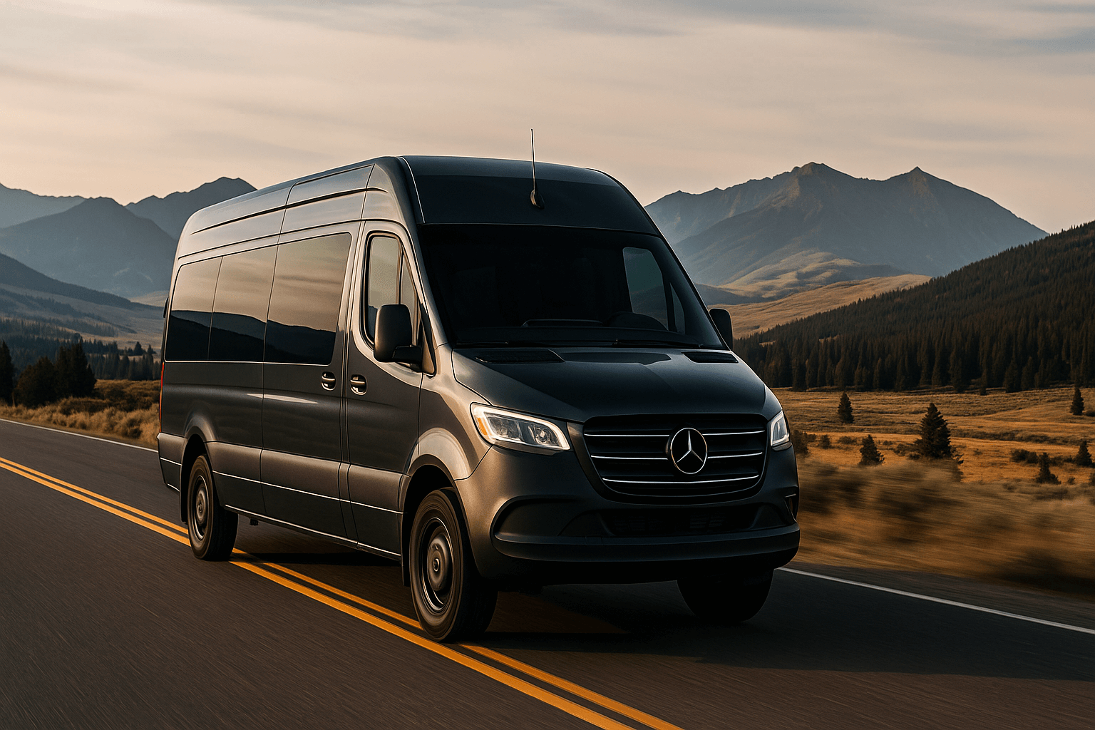 Black Mercedes-Benz van driving on a two-lane road with mountains and forest in the background at sunset.