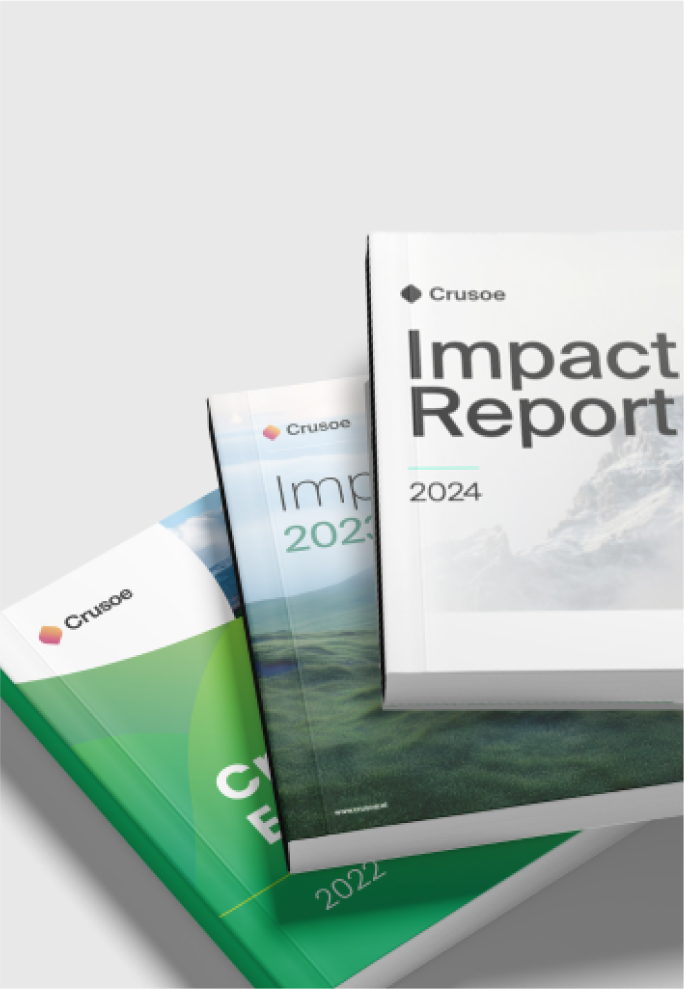 A stack of Crusoe's annual Impact Reports for the years 2022, 2023, and 2024.