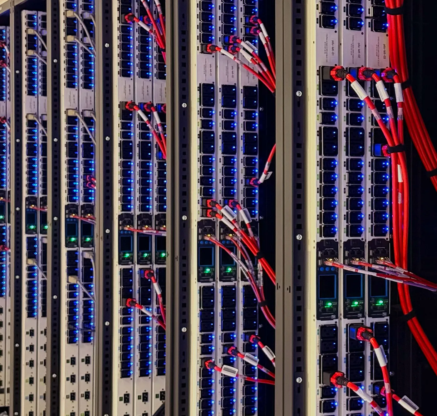 A close-up of server racks in a data center glowing blue and green indicator lights showing active network connections.