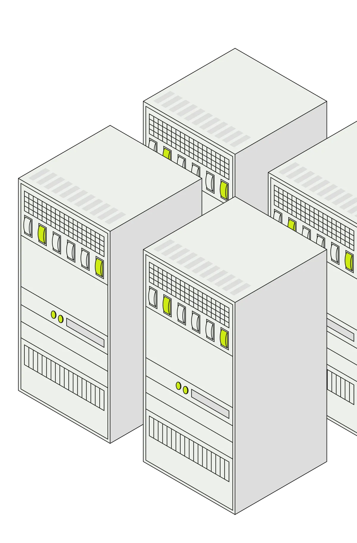 Isometric illustration of multiple GPU servers in a cluster.