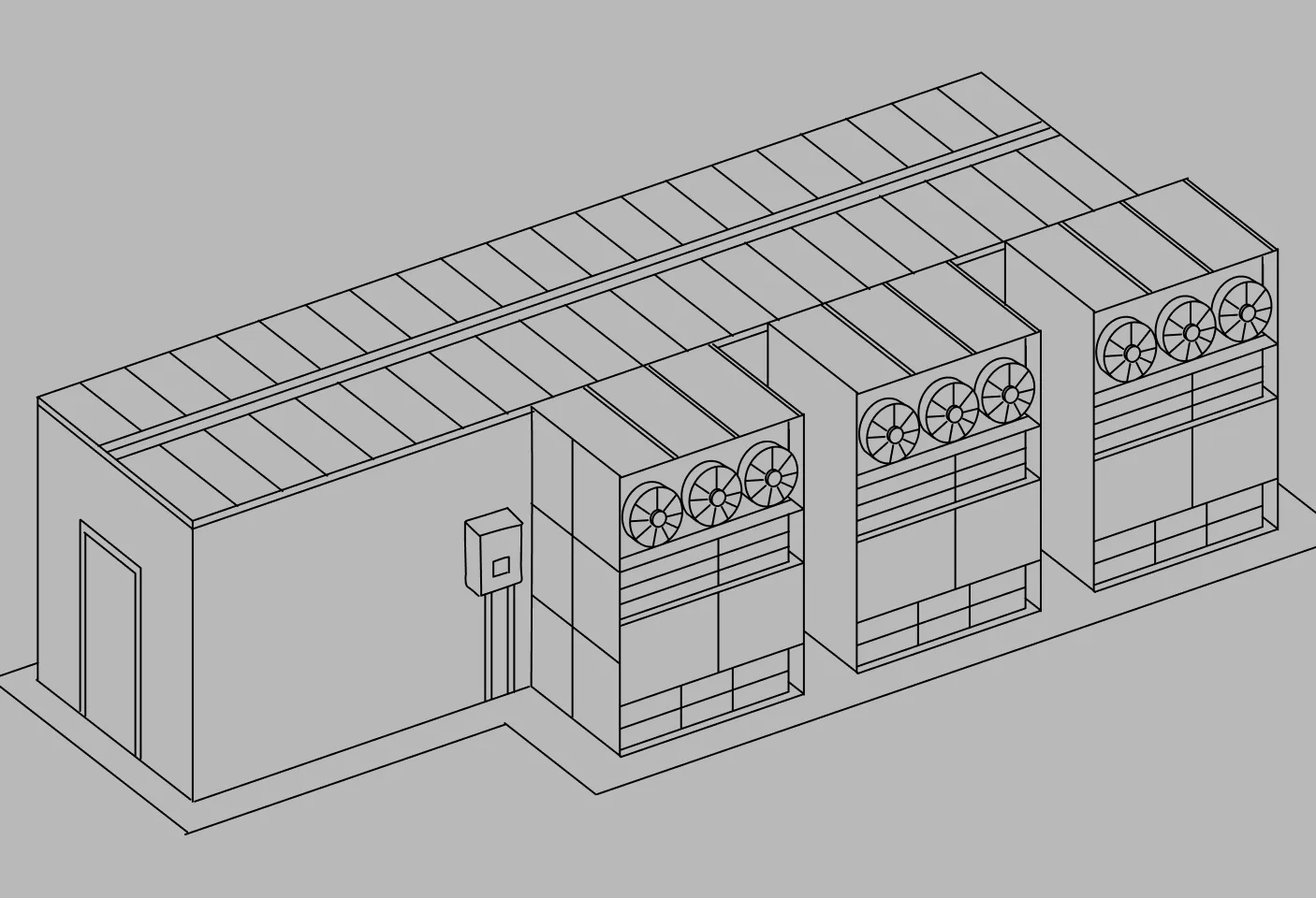 Isometric line drawing of a modular data center, Crusoe Spark, that can be deployed anywhere.
