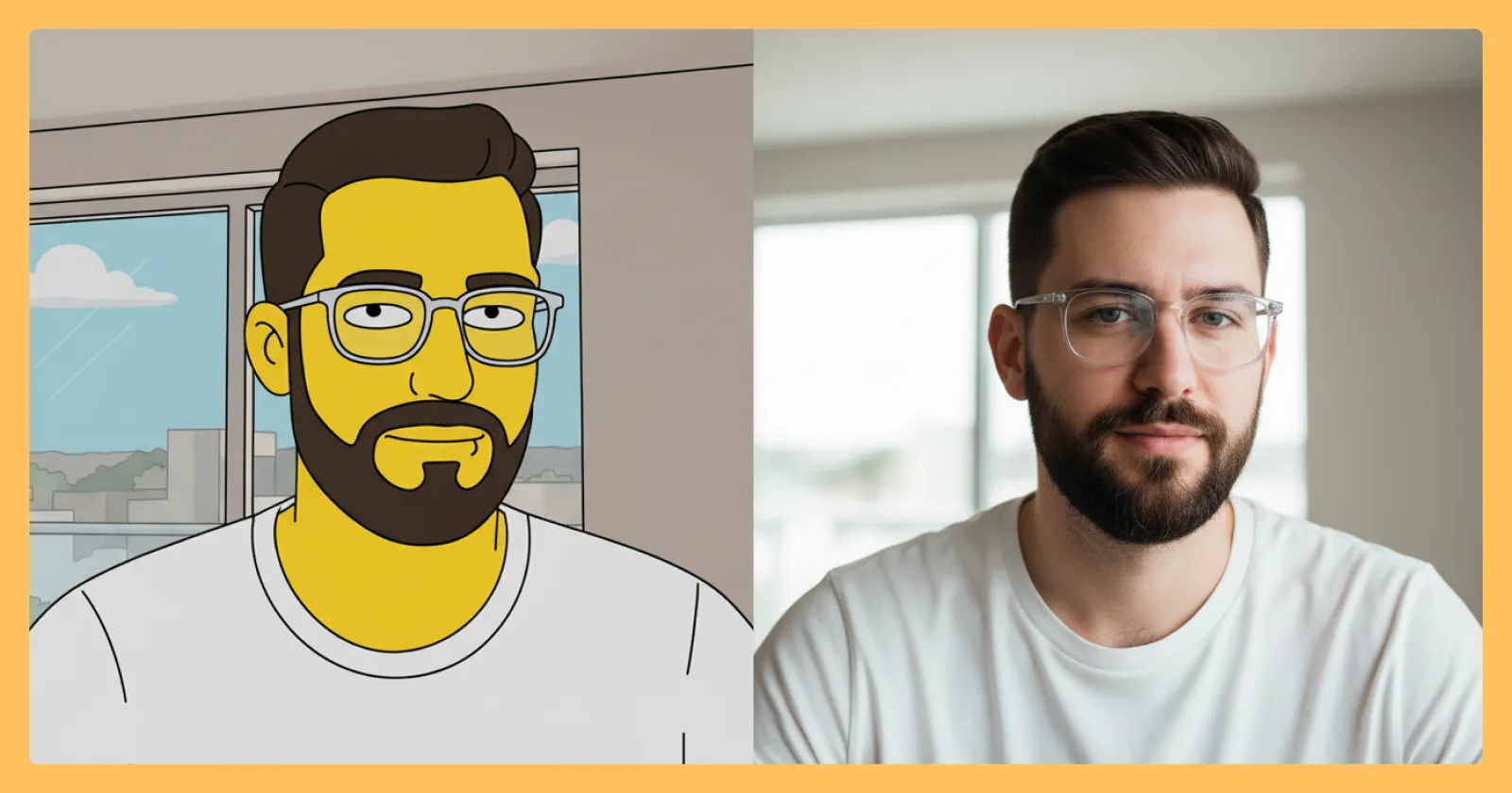 Photo of a man's face and upper body mirrored with a cartoon version of the same photo.