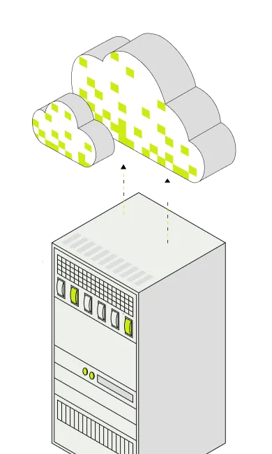 Illustration of a server connected to two pixel-patterned clouds representing cloud data storage or cloud computing.