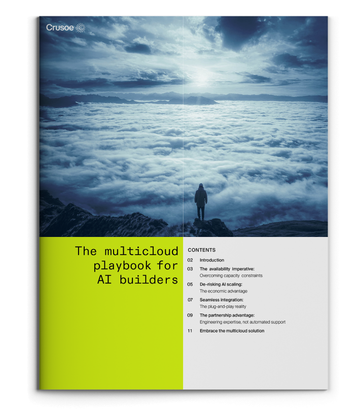 Image of an ebook with photo of person standing on top of mountain overlooking clouds above text that says "The multicloud playbook for AI builders" and a table of contents.