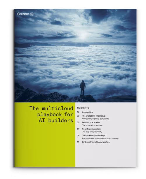 Cover of a playbook titled 'The multicloud playbook for AI builders' showing a person standing on a mountain peak overlooking a sea of clouds under a dramatic sky, with a table of contents listing topics related to AI and multicloud integration.