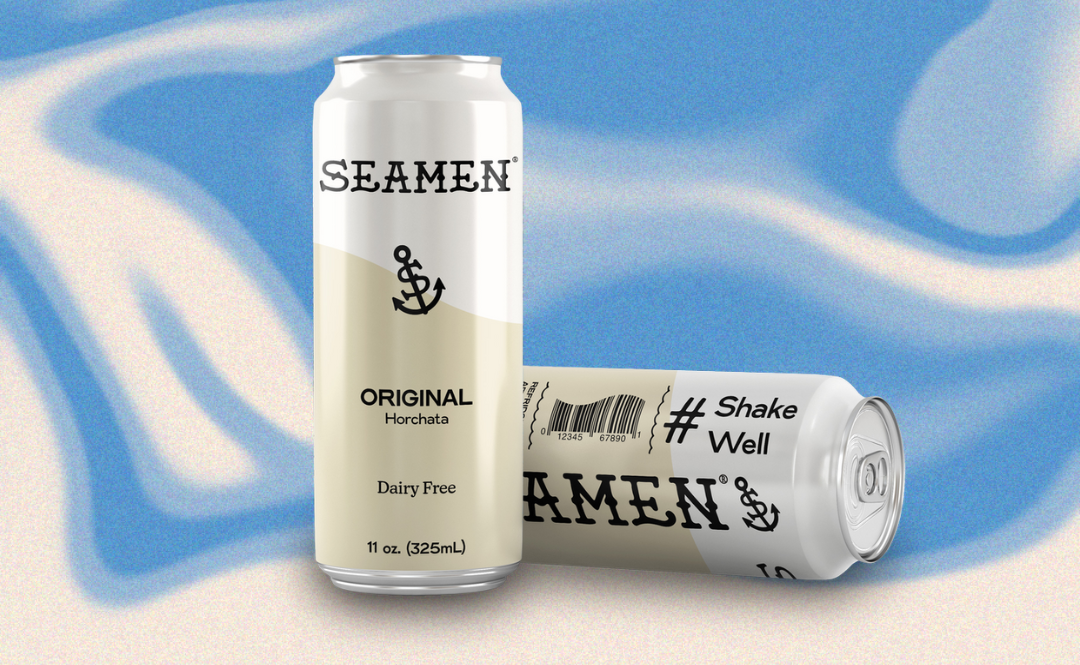 Two cans of SEAMEN®️ Horchata beautifully displayed against a blue and white swirl background
