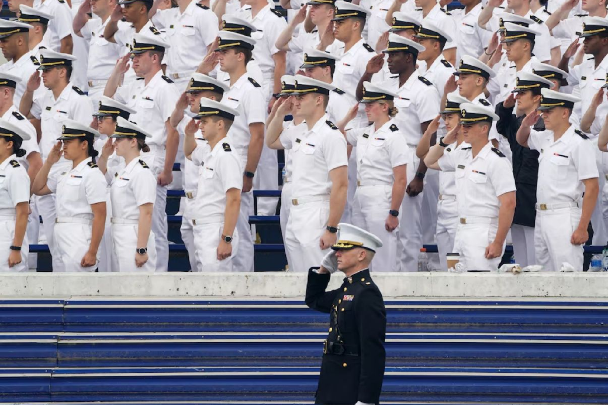 A group of Navy officers facing the left side saluting in unicen