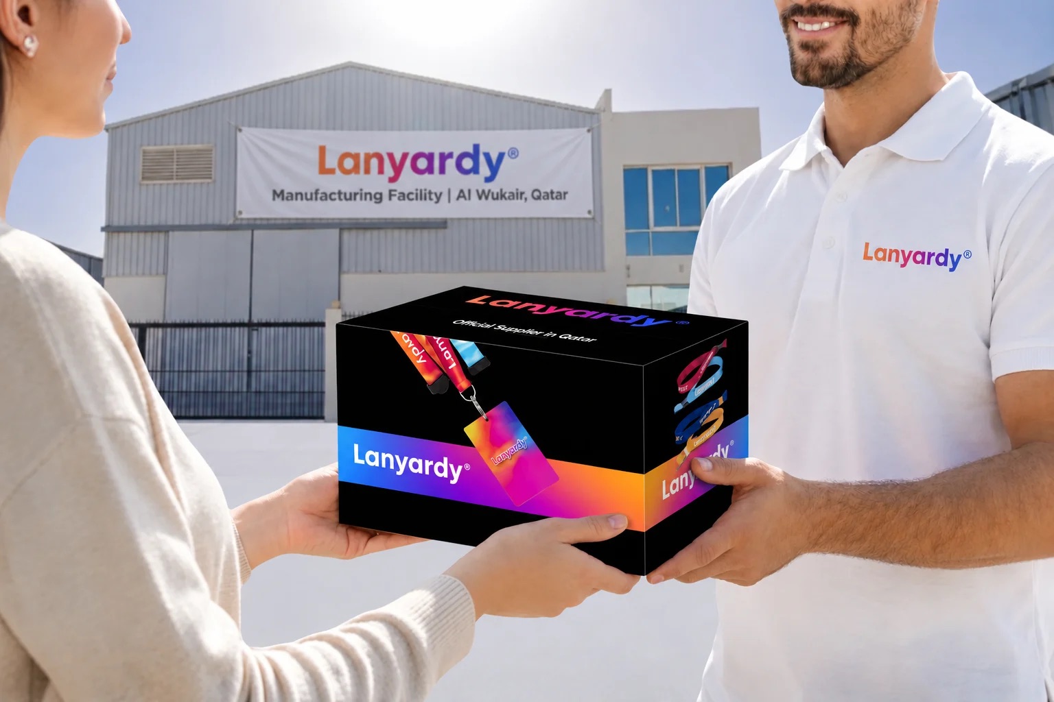 Lanyardy® staff member handing a branded box of custom lanyards and badges to a client outside the Lanyardy manufacturing facility in Al Wukair, Doha