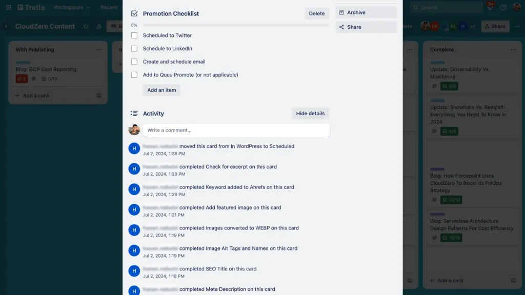 Trello Content Calendar Card Example