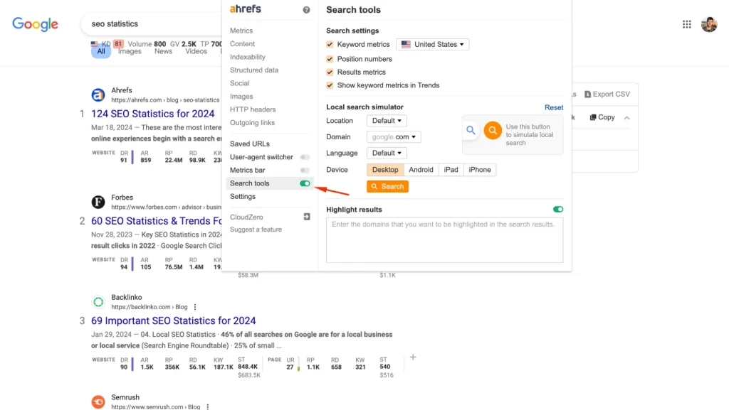 Ahrefs Search Tools Toolbar