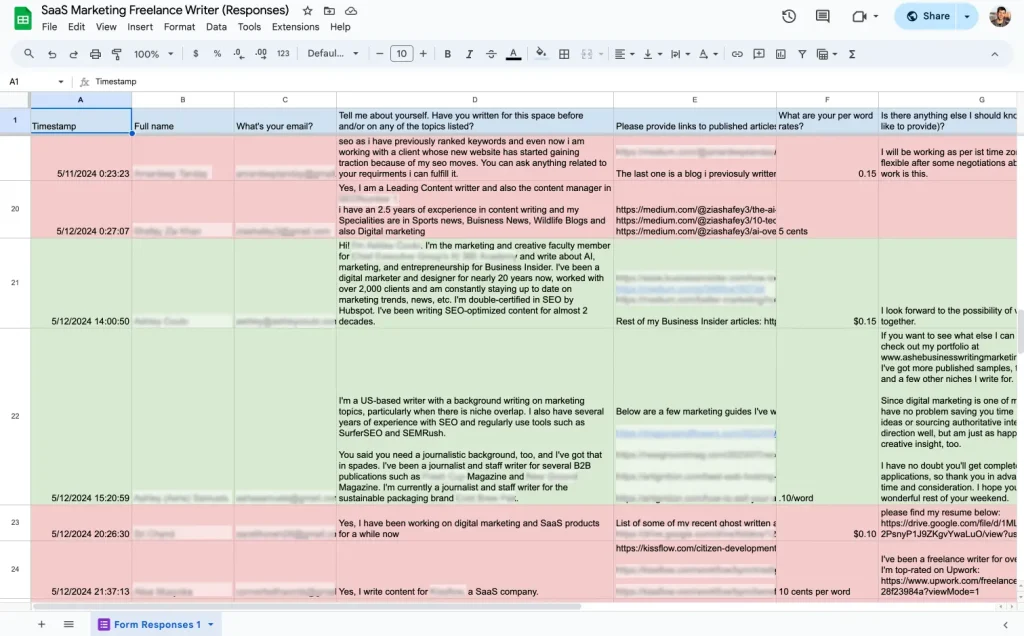 Writer Evaluation in Google Sheets