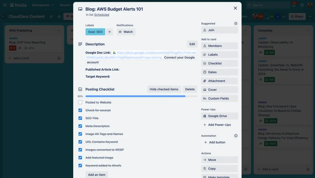 Trello Content Calendar Card Example