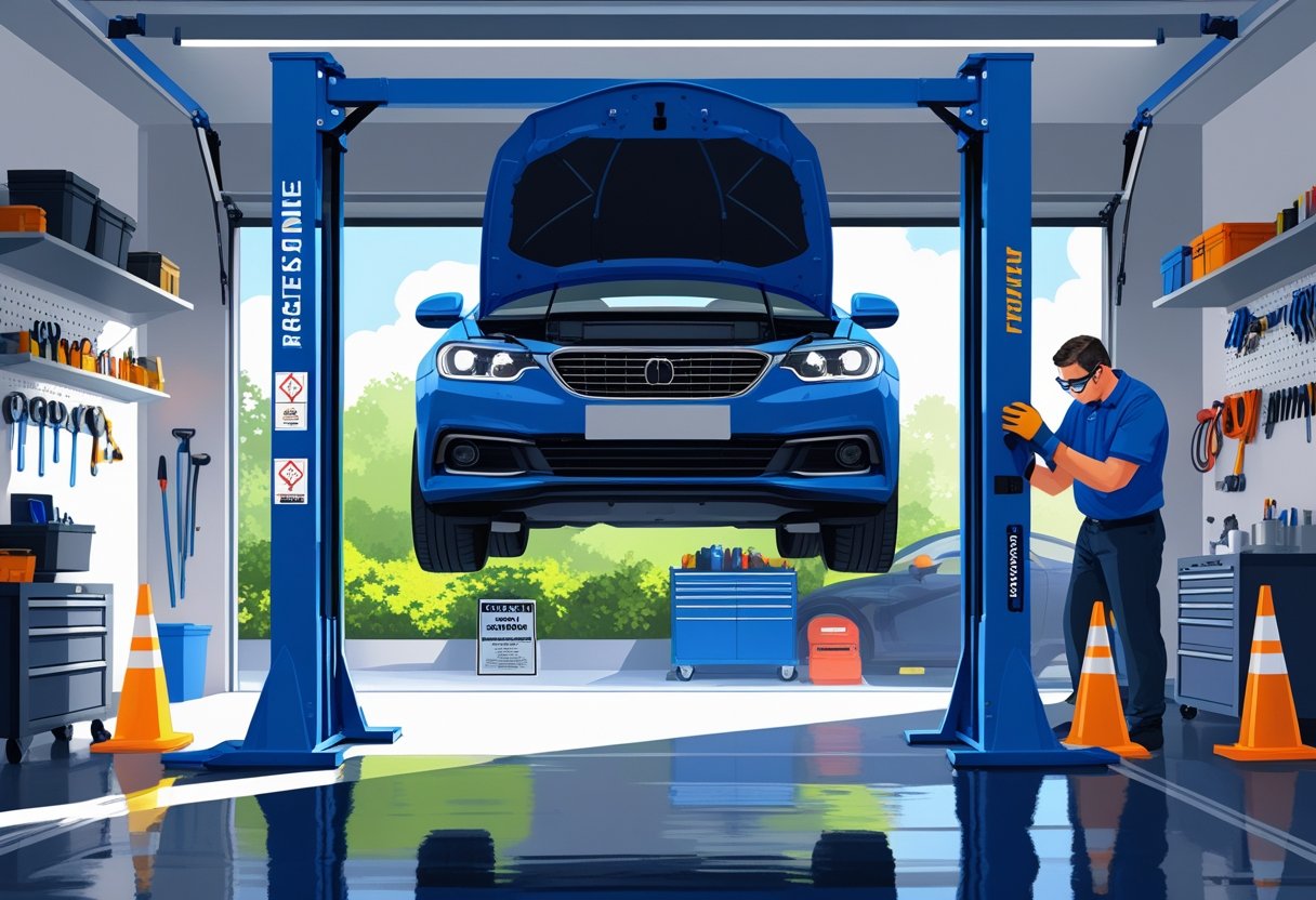 A mechanic inspecting a car elevated on a two-post lift inside a clean and organized home garage.