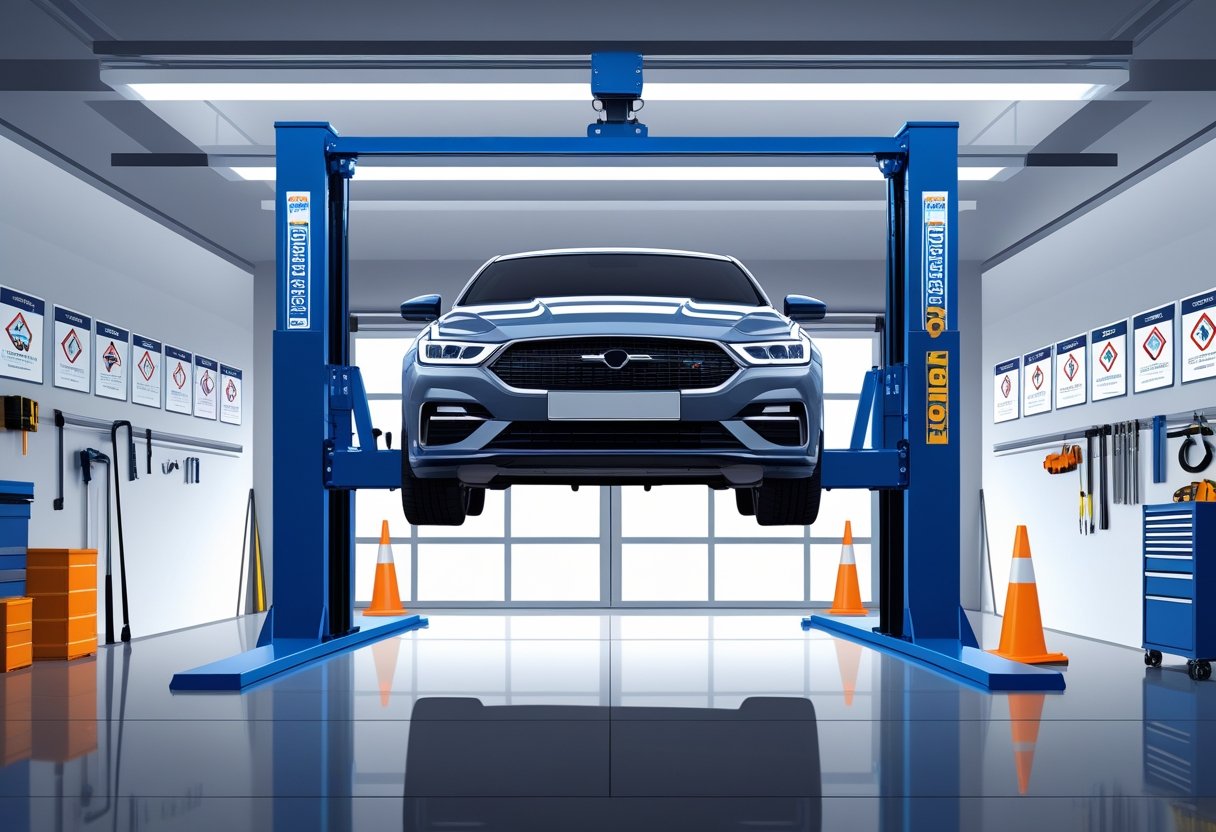A clean home garage with a car lifted safely on a professional car lift surrounded by organized tools and certification plaques on the walls.