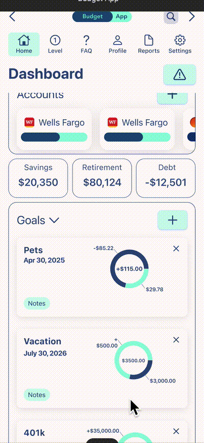 Animated preview of creating a budget in three taps on the mobile site