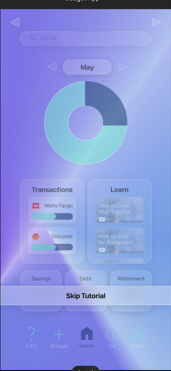 A gif showing the first hi-fi design with a purple background  and glassmorphic style cards.