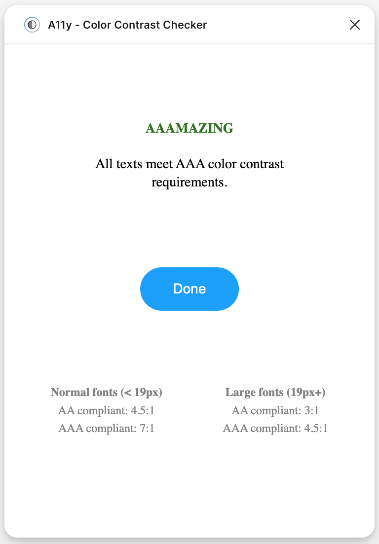 A11y-Color contrast checker plug in on figma says "all texts meet AAA color contrast requirements"