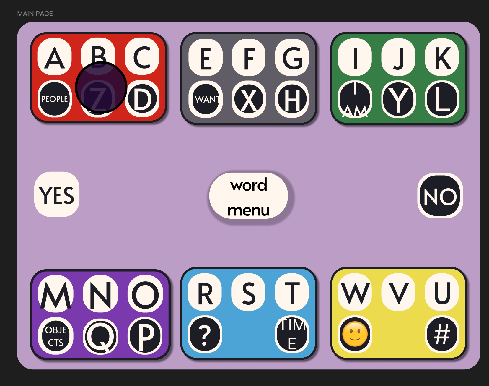 An early iteration of the comboard designed in figma. The colors are much more muted and they keys contain letters instead of words. There are still some text formatting flaws.