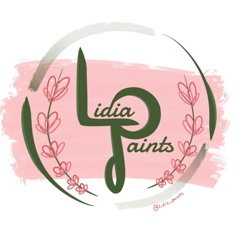 A circular logo with a pink horizontal brush swath and a large L and P in green in the center. The logo says lidia paints and has a small floral detail.