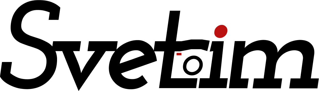 Svetim is written with bold, serifed font. The t and i create a camera icon in between them and the dot of the eye is red.
