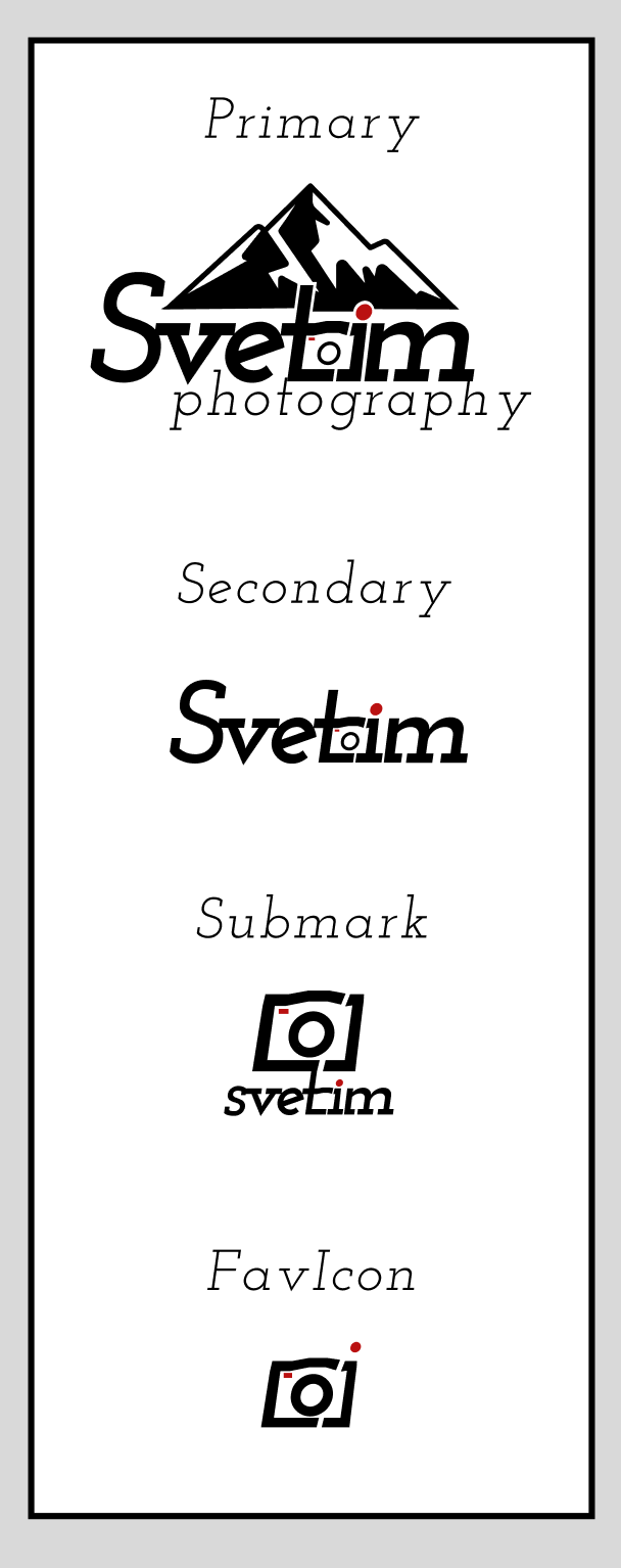 A picture of the finalized logo suite including a primary logo with a mountain motif over the word svetim, a secondary logo that says Svetim, a submark that is the camera icon and the word svetim, and a favicon that is just the camera icon.